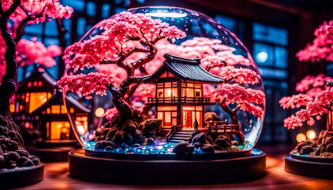 Miniature Japanese Village Inside Sparkling Glass Cherry