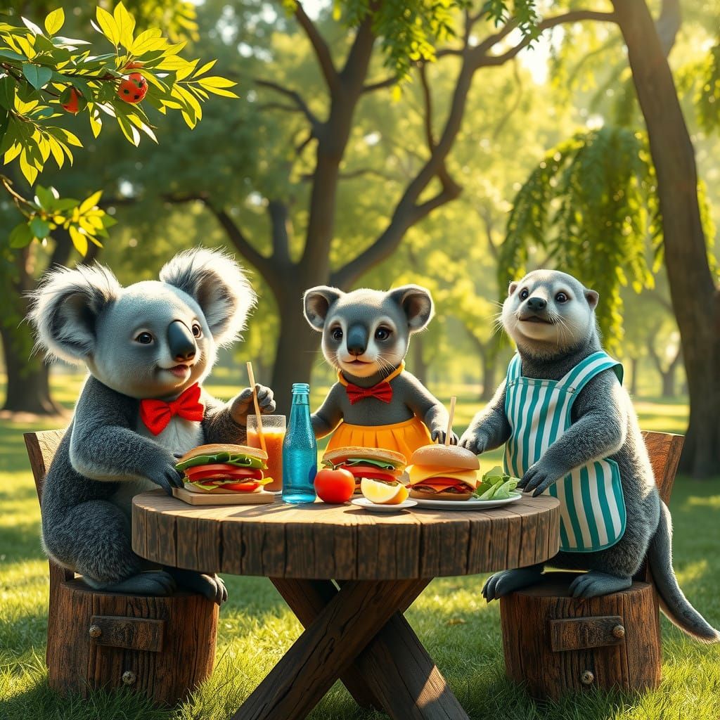 Whimsical Wildlife Friends Enjoy a Colorful Park Picnic