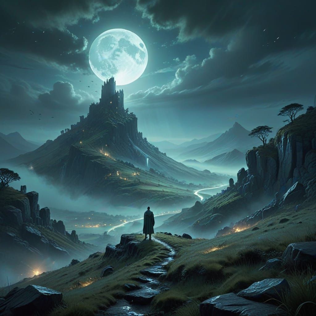 Ethereal Moonlit Landscape with Lone Figure