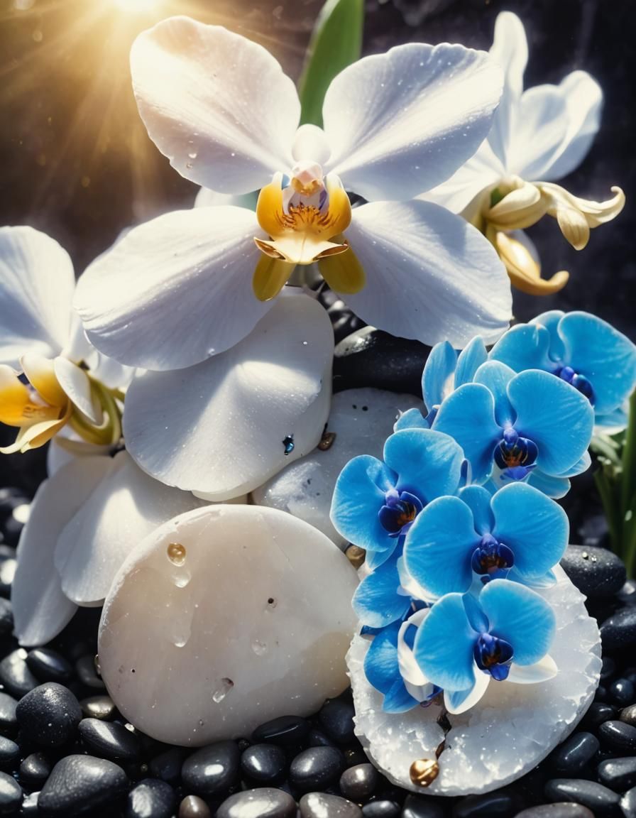 Blue Orchids on White Stones in Cinematic Style