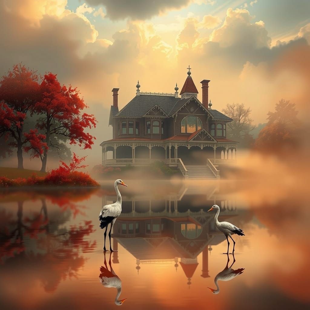 Victorian Home Shines with Elegant Mallard Ducks on Serene L...