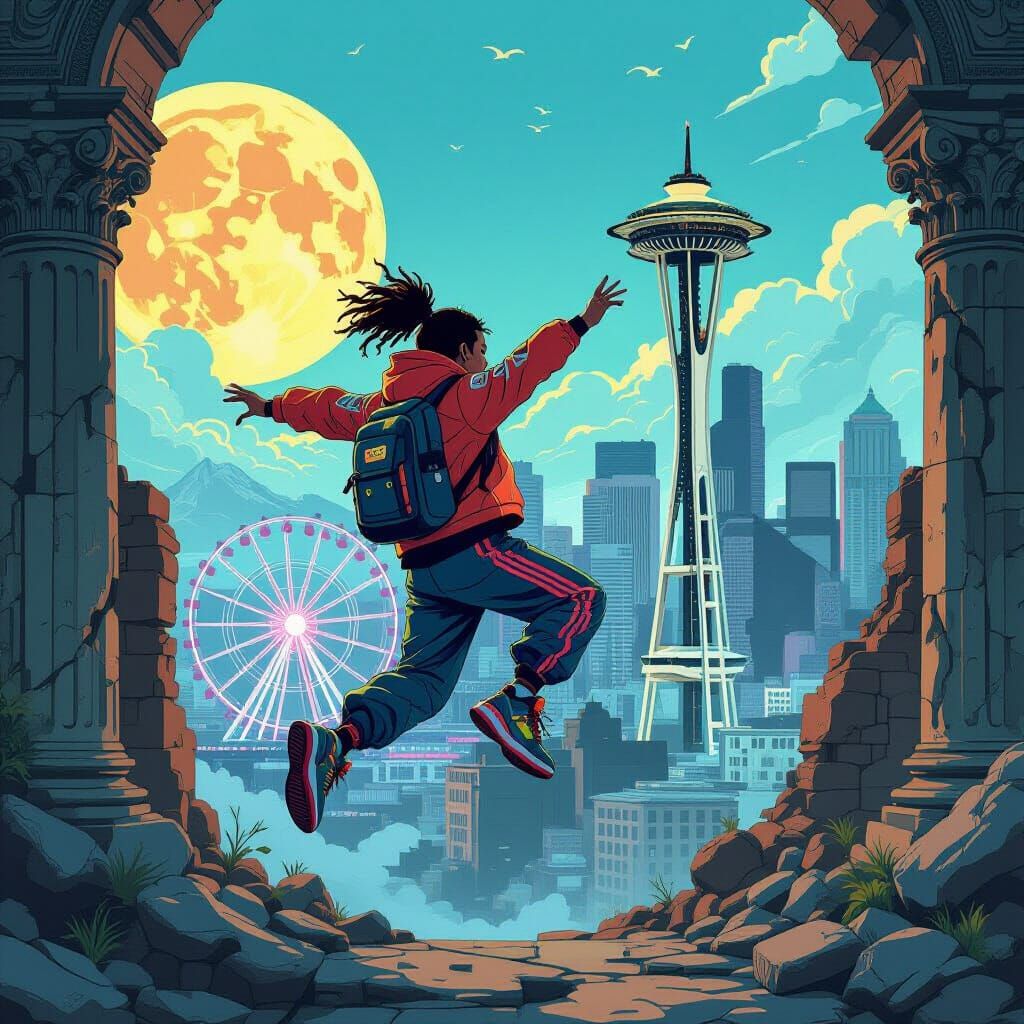 Cyberpunk Leap: Ruins Meet Seattle Skyline