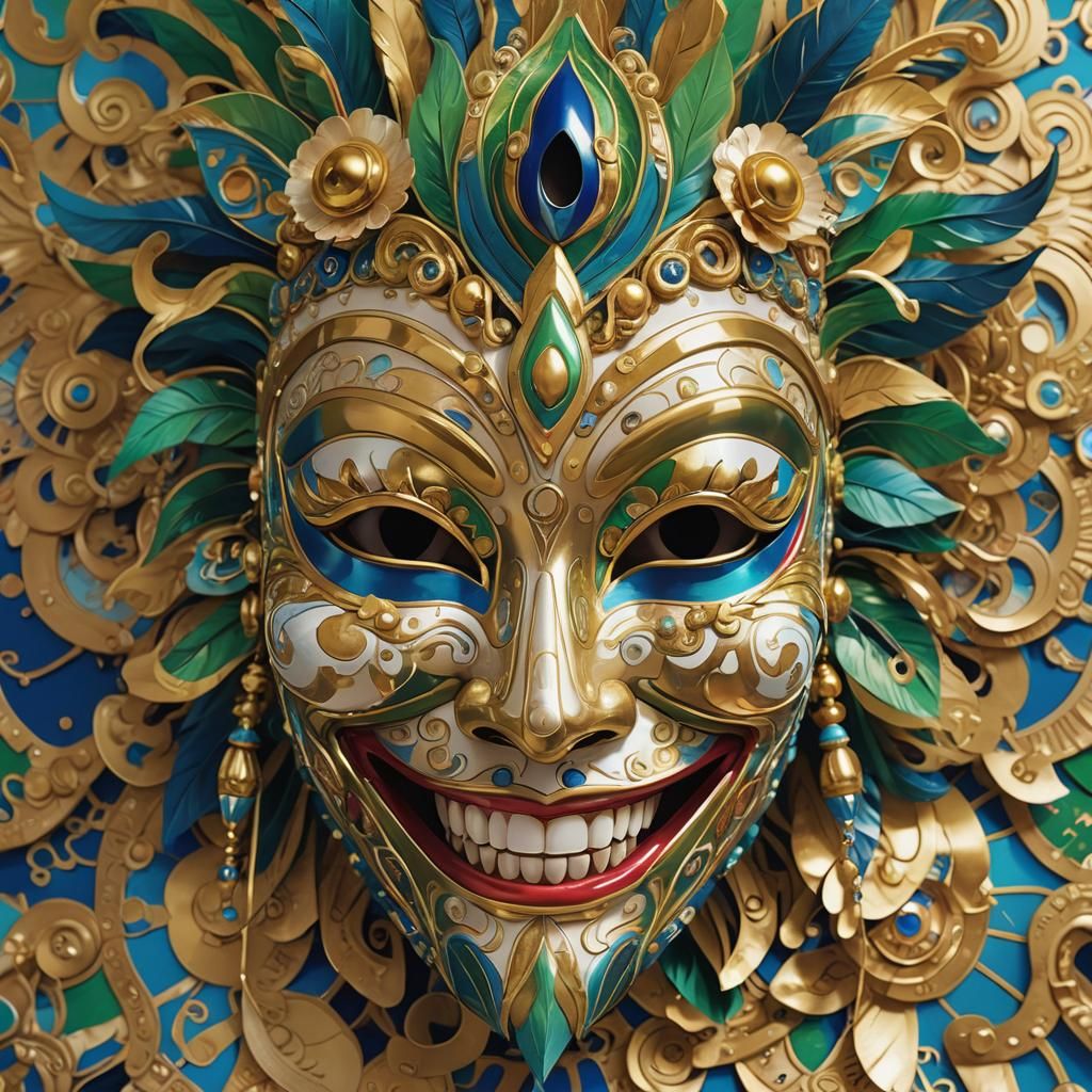 bacolod masskara mask intricate winking eyes; blue green gol...