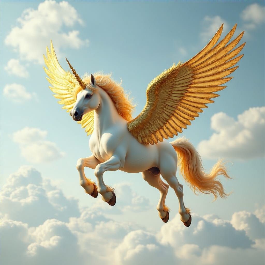Golden Winged Pegasus in a Light Blue Sky