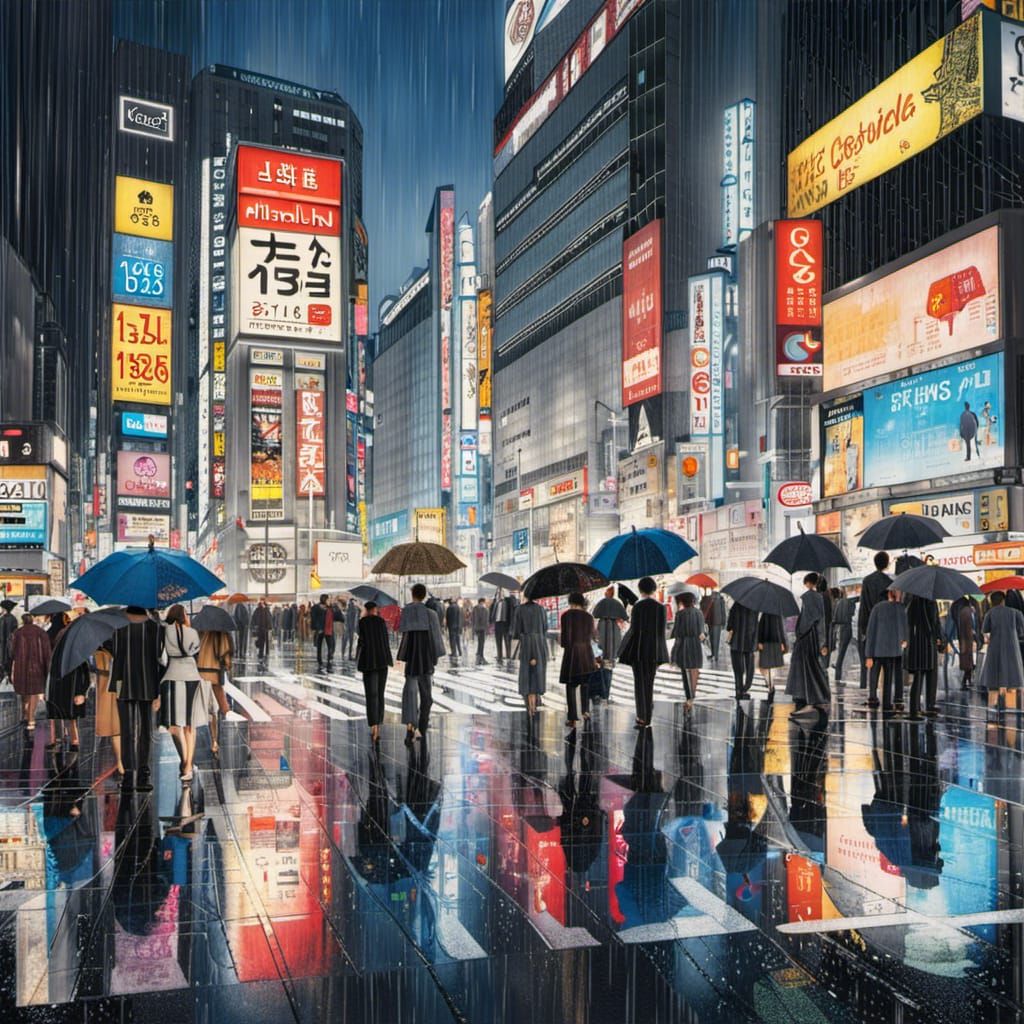 Rainy Shibuya Crossing in Anime Style