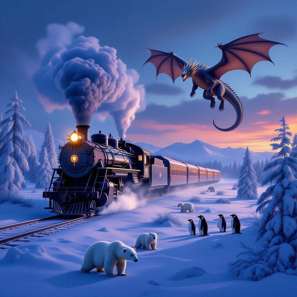 Majestic Snow Train with Dragon and Wildlife