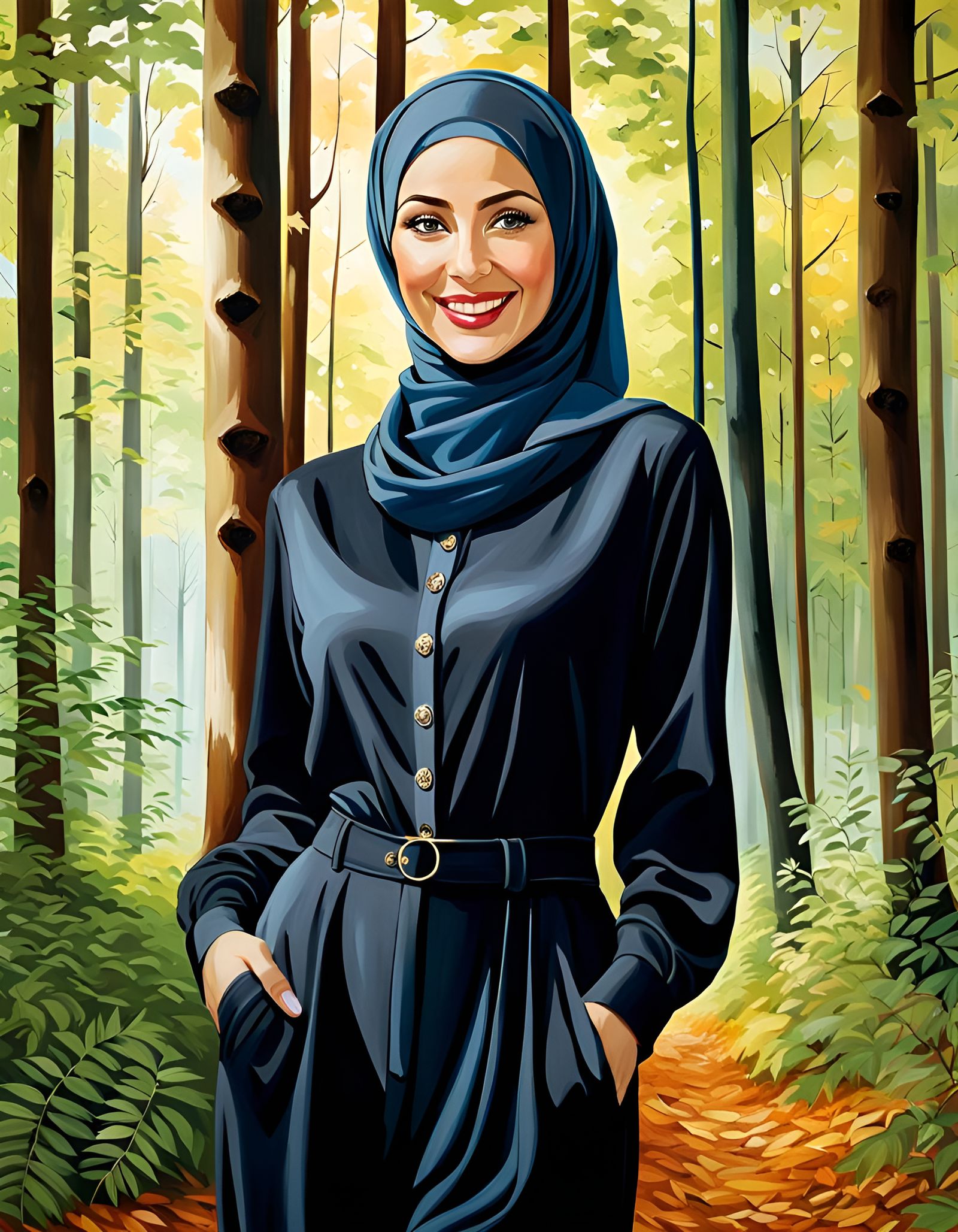 Elegant Woman in Hijab, Realistic Oil Painting