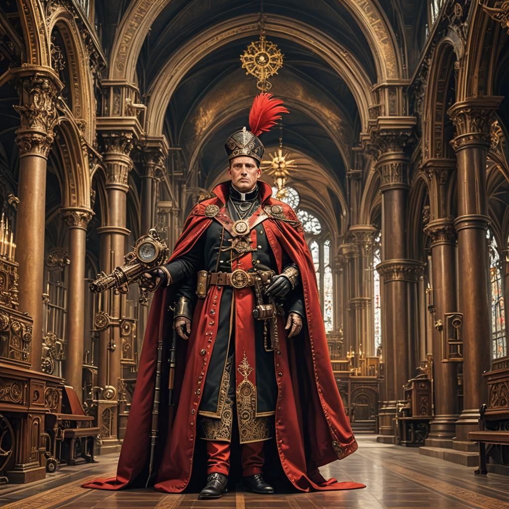 Steampunk Cardinal with Automatic Rifle in Cathedral