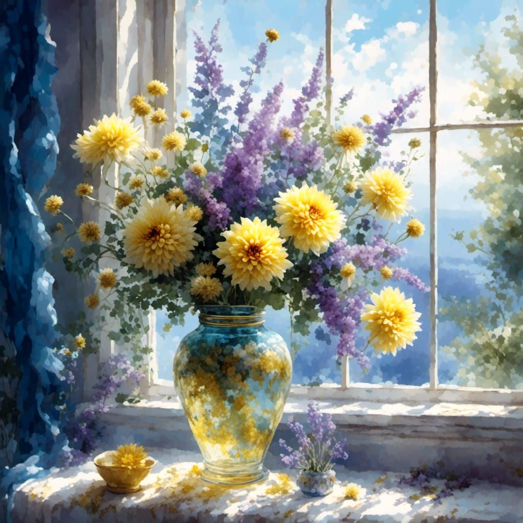 Floral Bouquet with Dahlias and Ferns: Hyperreal Art