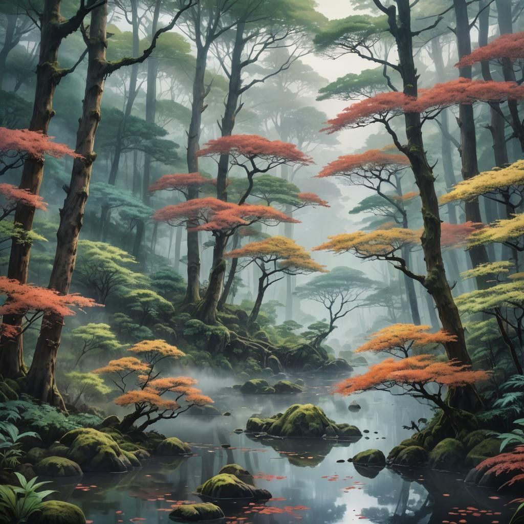 Ethereal Misty Japanese Forest in Watercolor