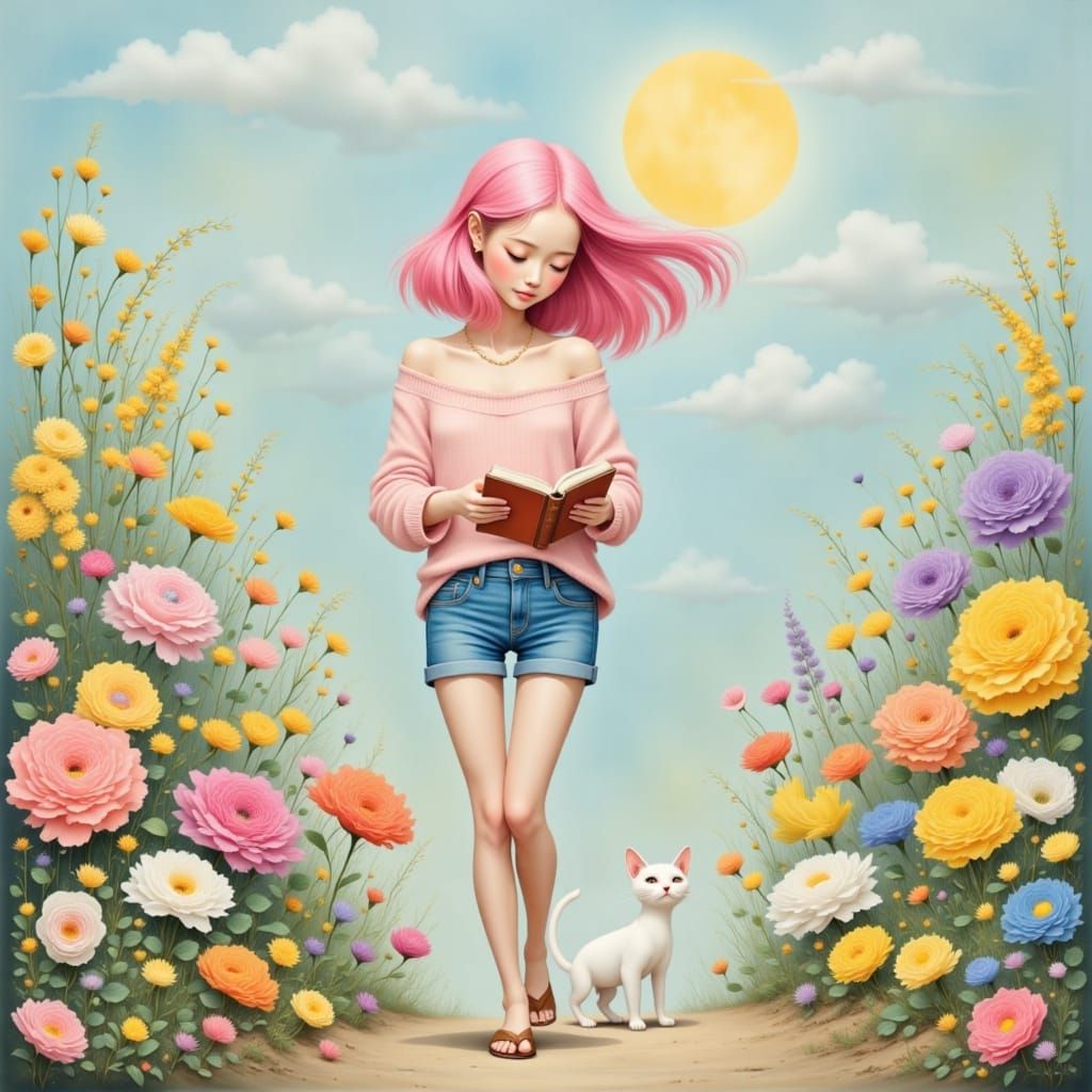 Dreamy Woman with Cat in Floral Landscape