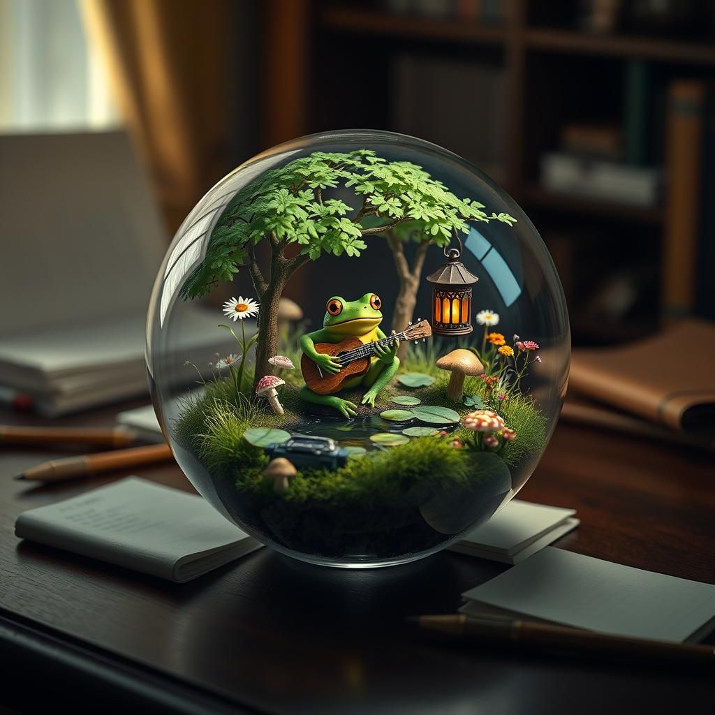 Miniature Frog's Ukulele Serenade in Glass Orb