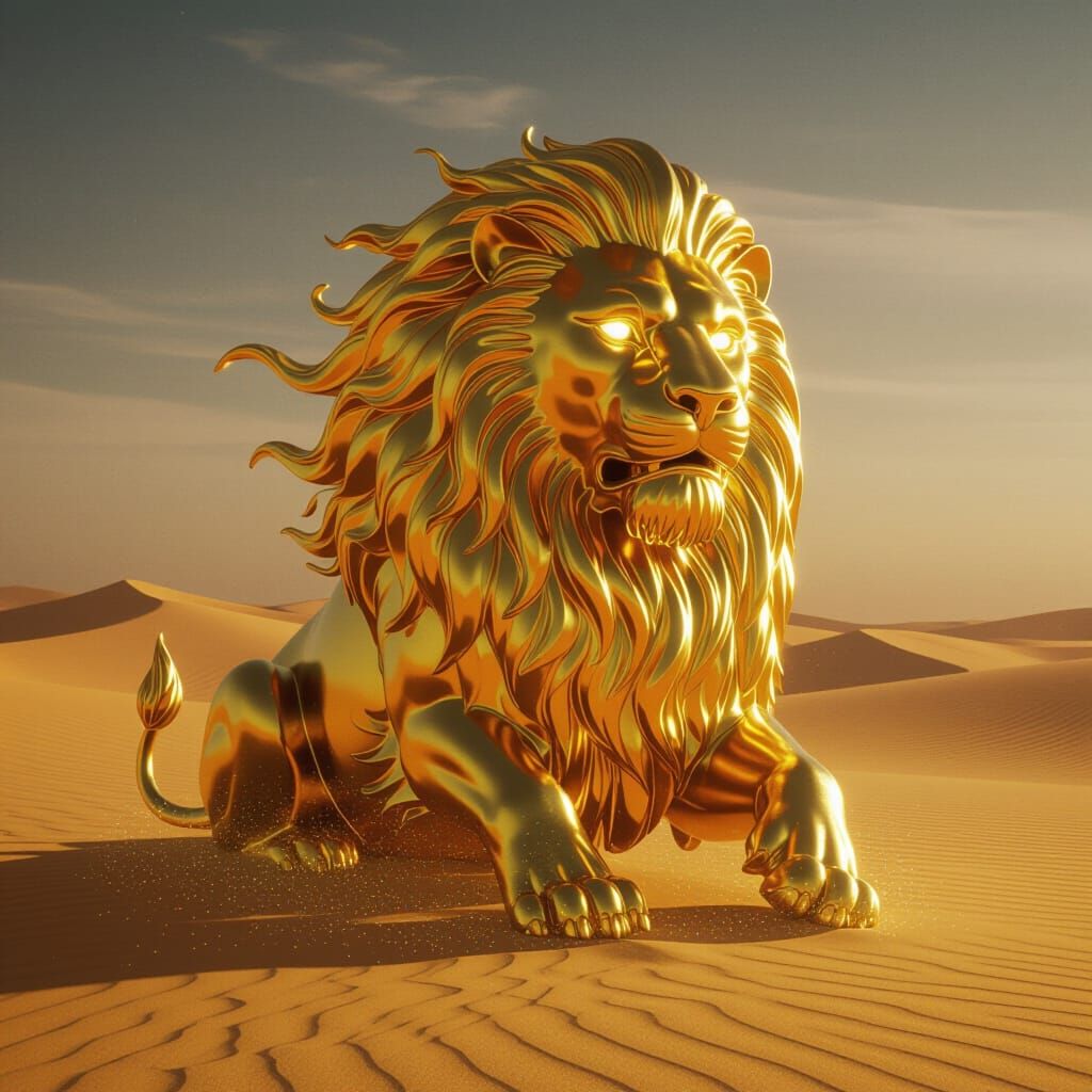 Golden Lion Statue Awakening in a Desert of Gold Dust