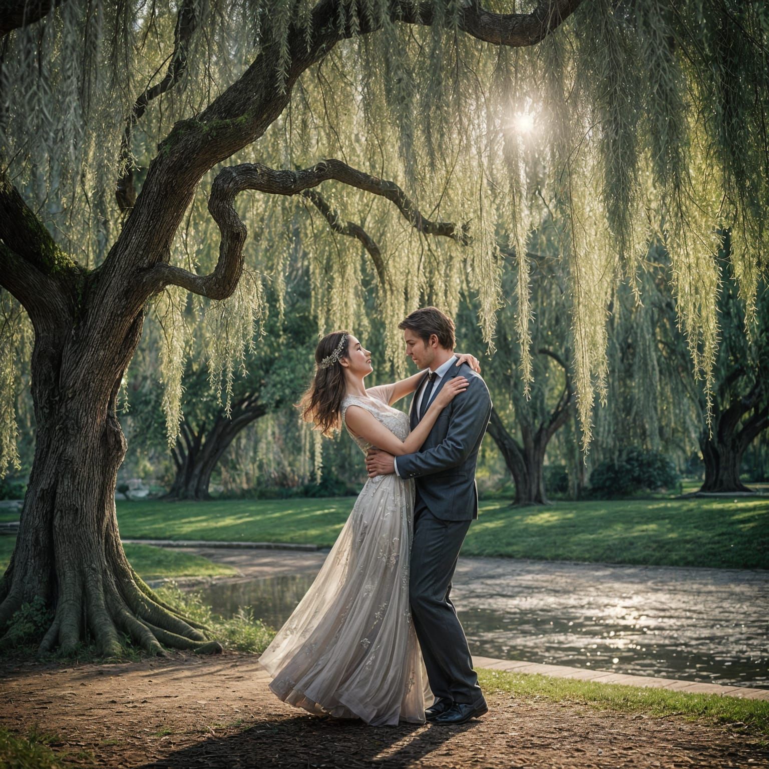 Romantic Couple Dancing Under Weeping Willow