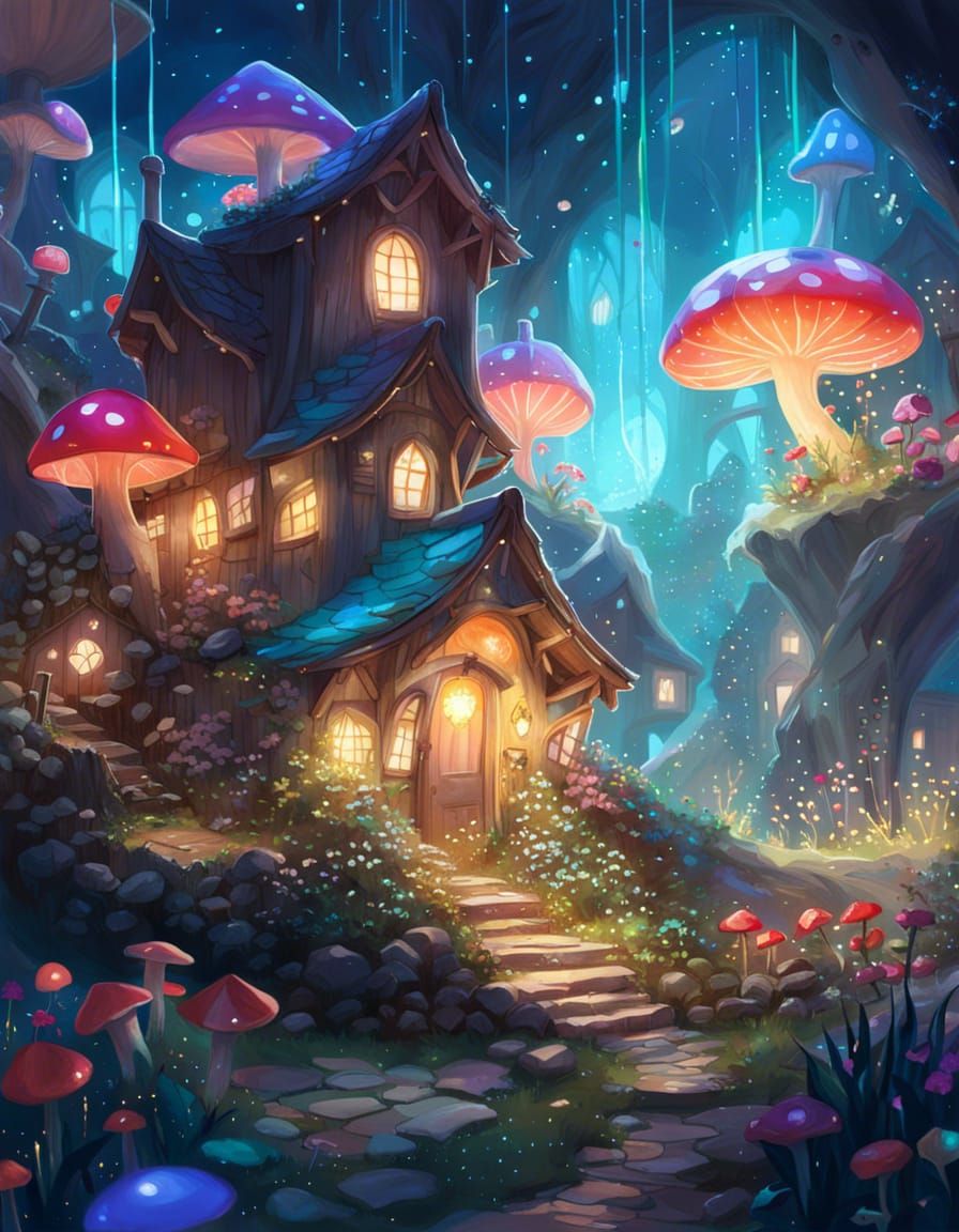 Magical Fairy Village with Bioluminescent Mushroom Houses