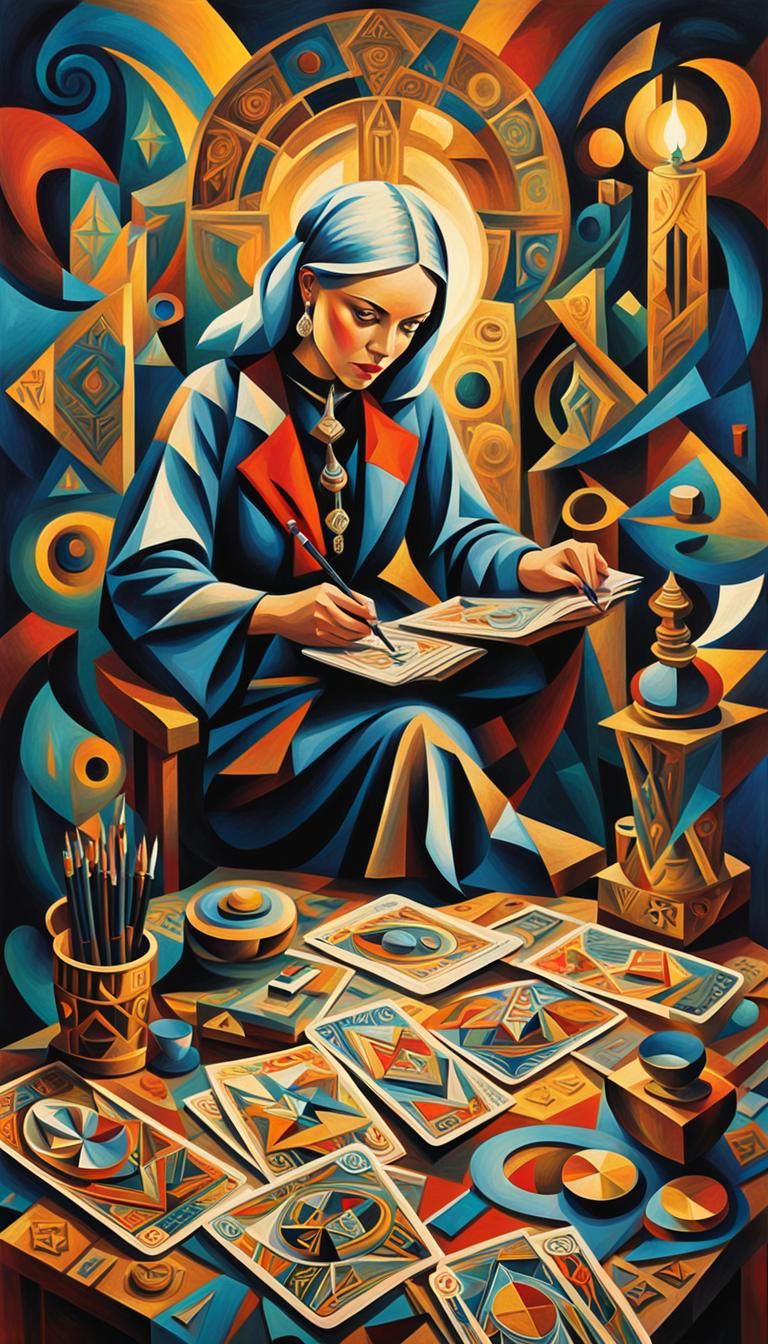 Cubist Portrait of a Female Artist with Tarot Cards
