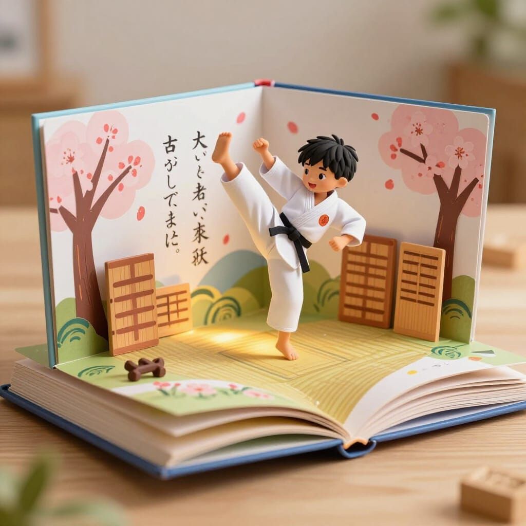 Little Zane loves karate and is doing a jump kick.