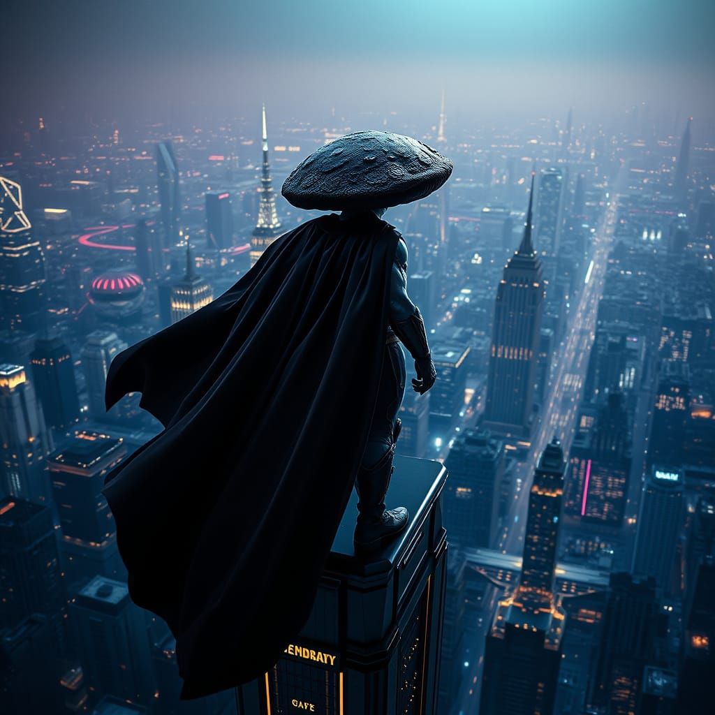 Majestic Mushroom Hero Reigns Supreme Over Futuristic Citysc...