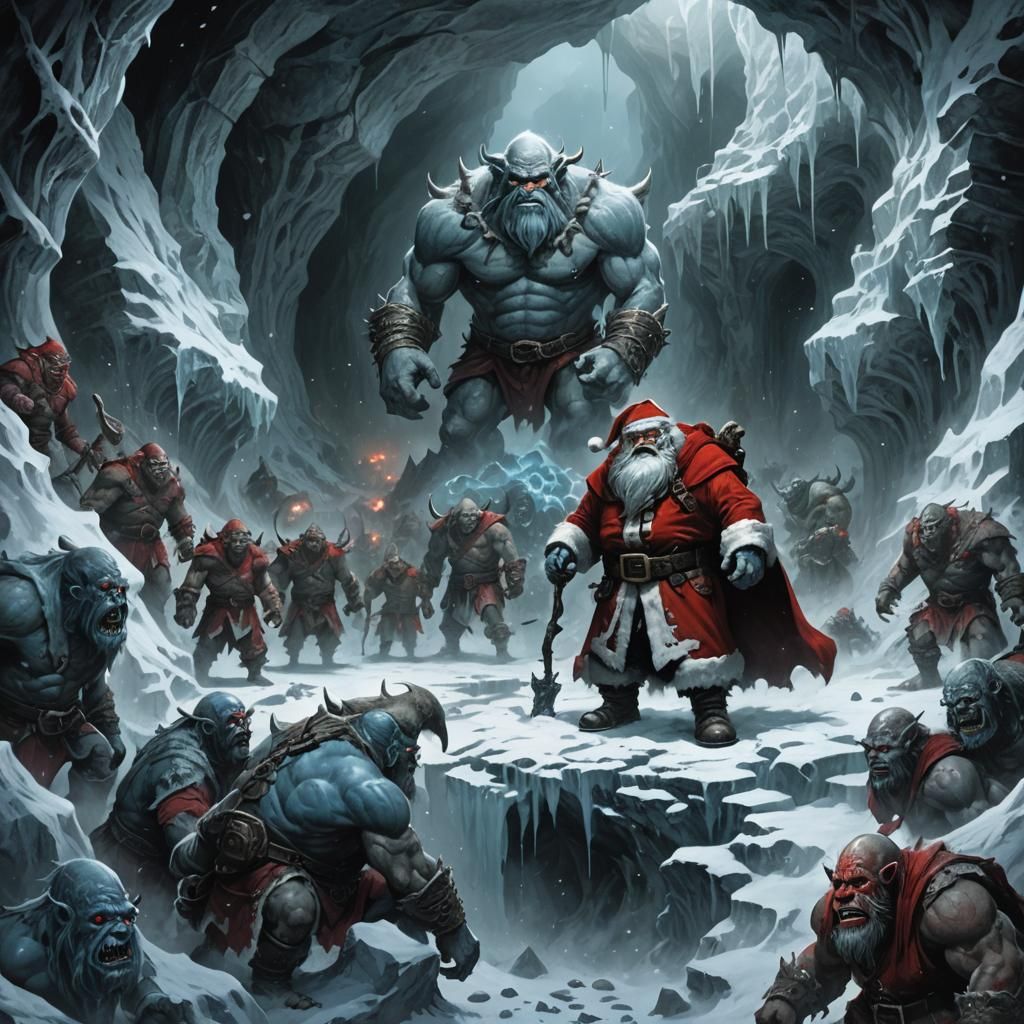 Dark Santa Claus Surrounded by Twisted Orcs in a Dimly Lit C...