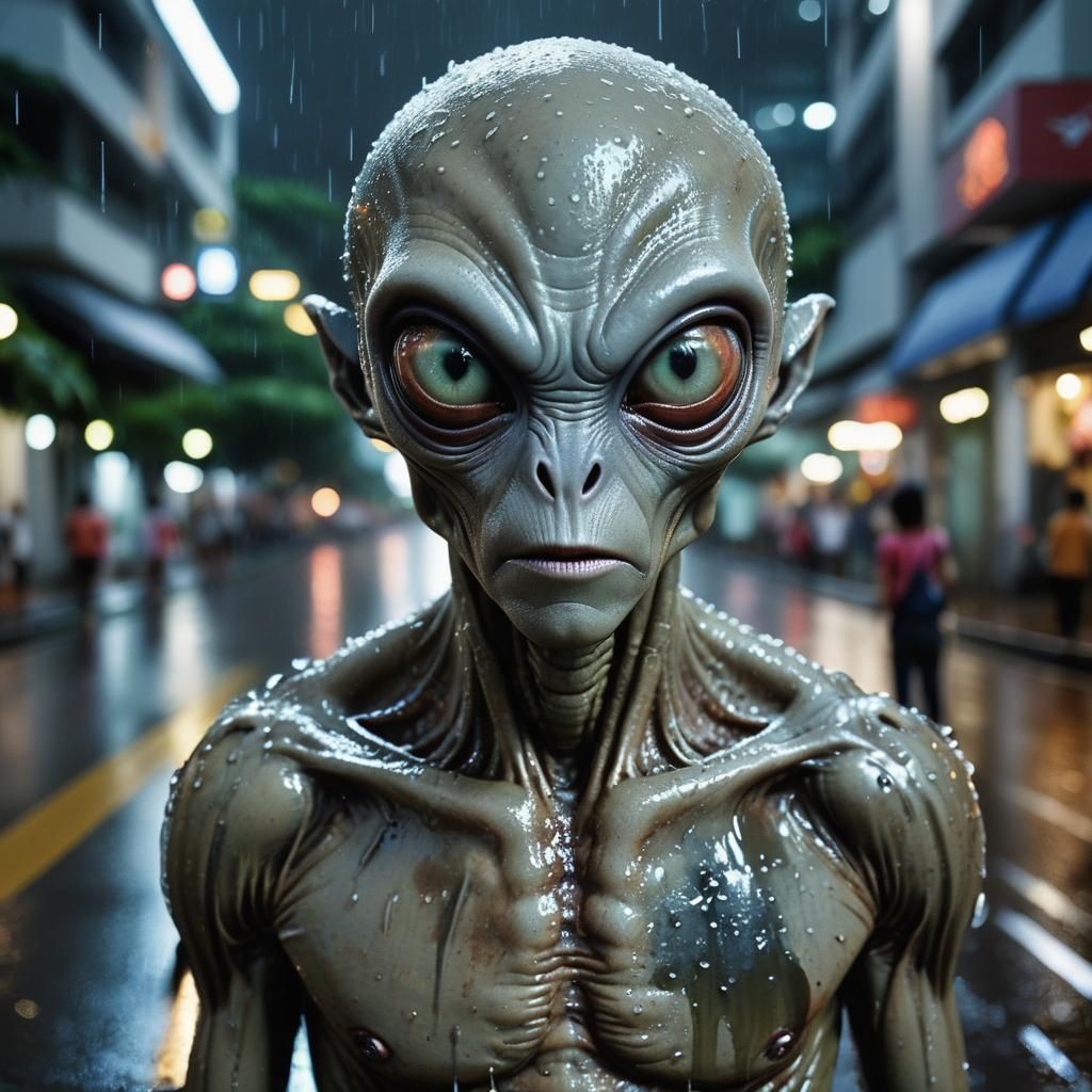 Realistic Grey Alien in Rainy Singapore Night