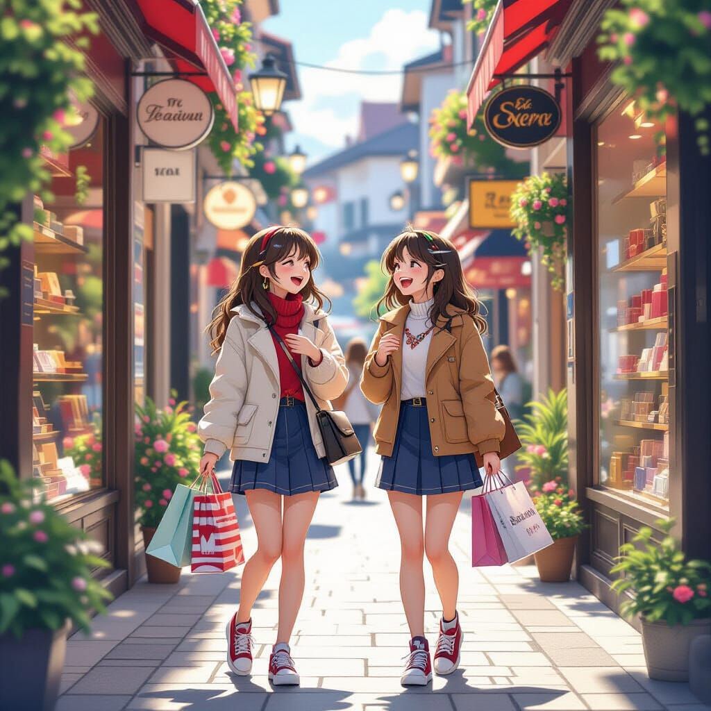 Fashionable Girls Shopping on Lively Street in Anime Style
