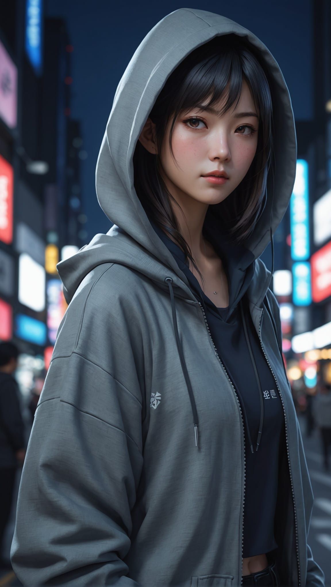 Anime Style Japanese Woman in City at Night
