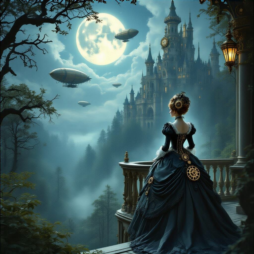 Steampunk Noblewoman Awaits Airship in Moonlit Castle