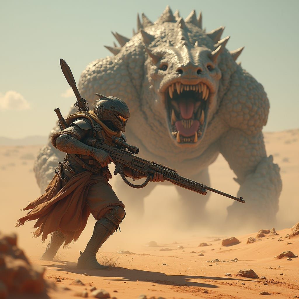 Warrior Battles Colossal Desert Monster in Hyper-Realistic 3...
