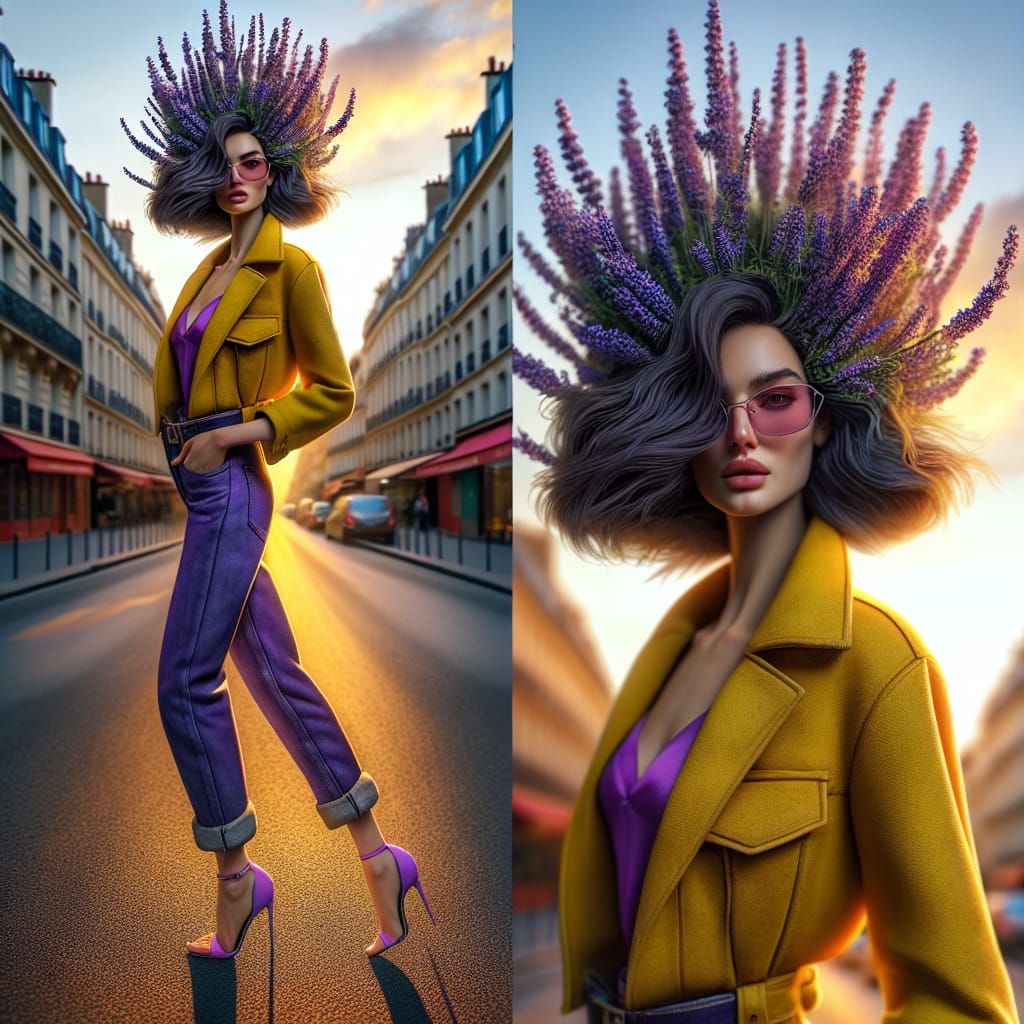 Paris Sunset: Woman with Lavender Hair, Hyperrealistic Art