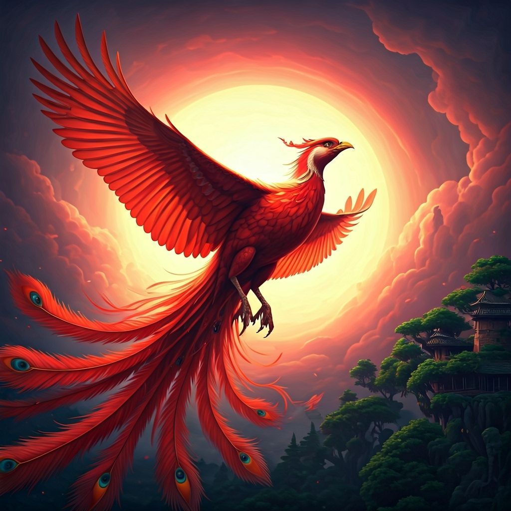Red Phoenix Bird in Ethereal Chinese Sky