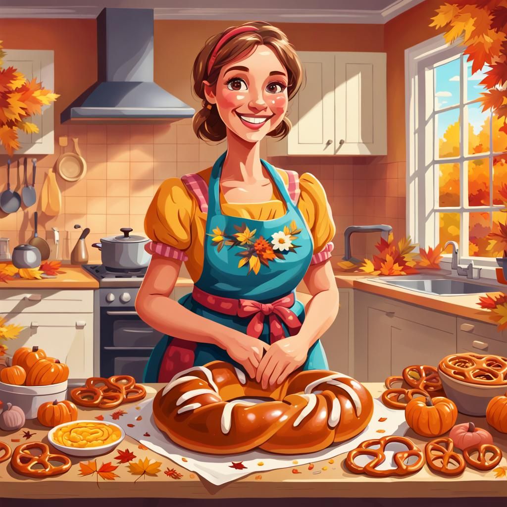 Cheerful Pretzel Housewife in Autumn Kitchen