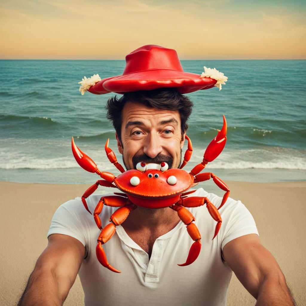 Man at the Beach Wearing a Crab Hat