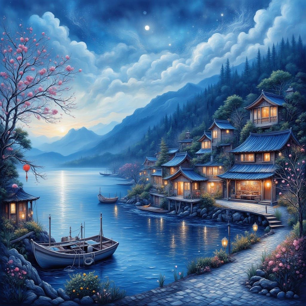 Serene Japanese Village at Night in Illustrative Style