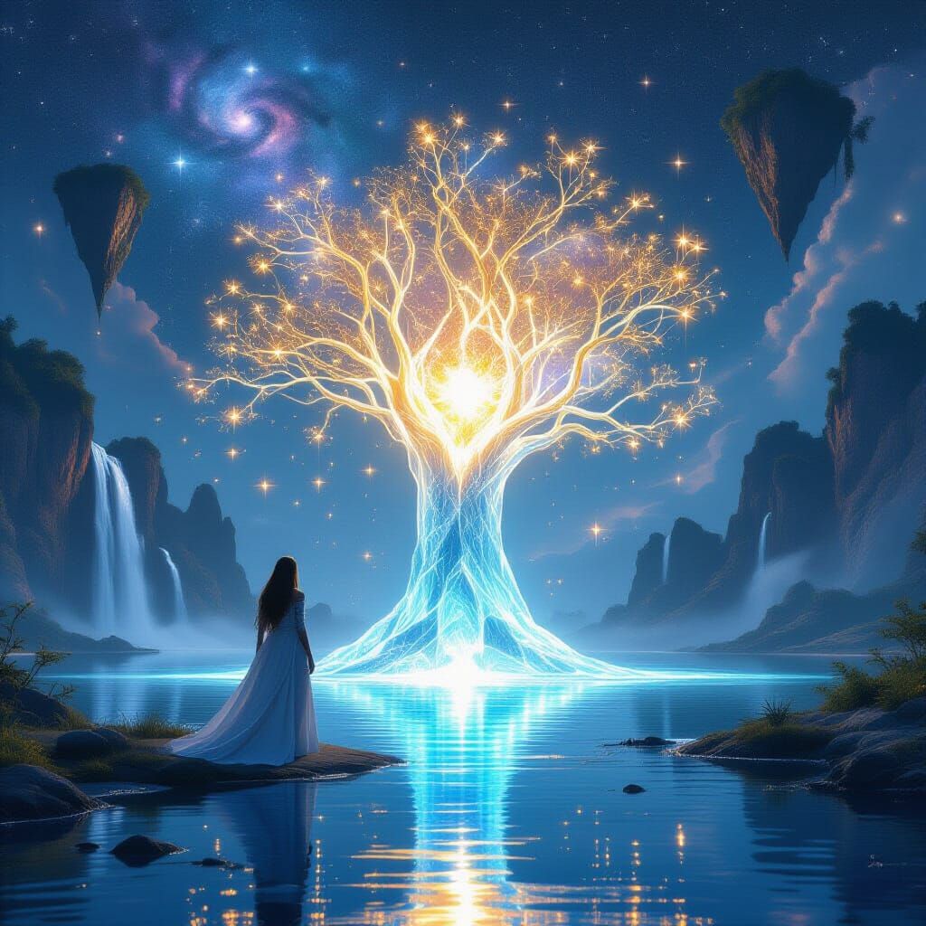 Mystical Woman and Crystal Tree Fantasy Scene