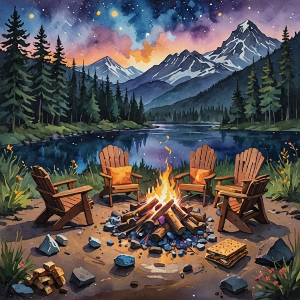 Cozy Campfire S'mores: Impressionist Gouache Bear Picnic