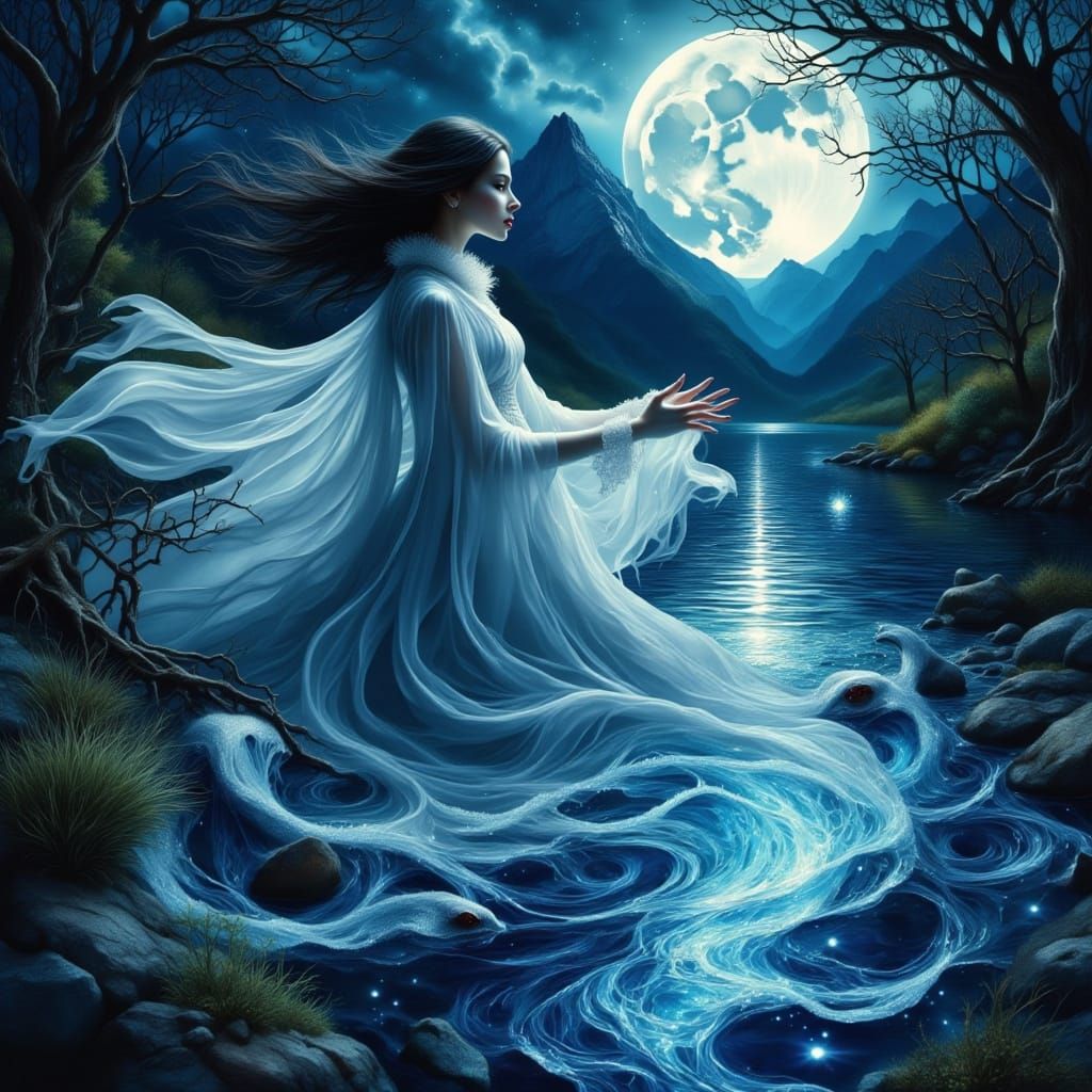 River Witch Drifting on Moonlit River in Fantasy Style