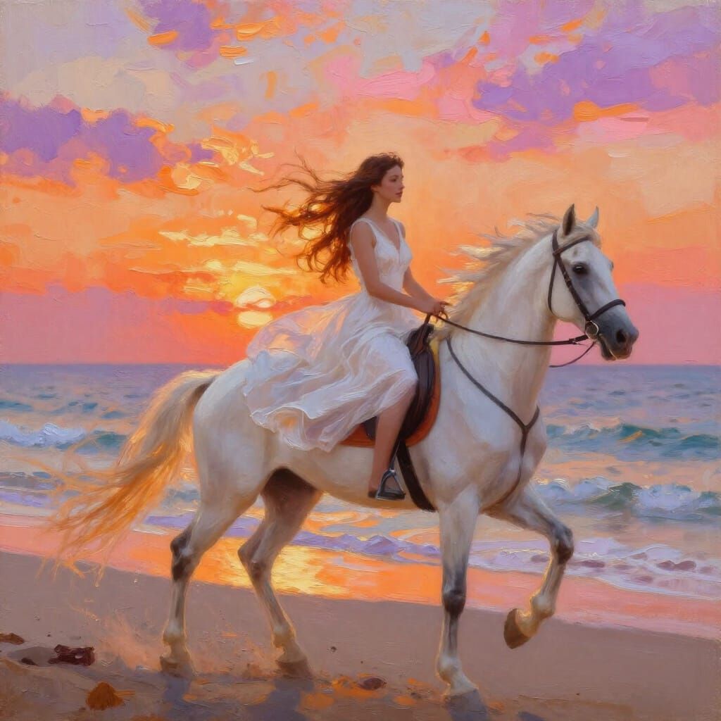 Woman Riding Horse on Beach at Sunset in Impasto Style