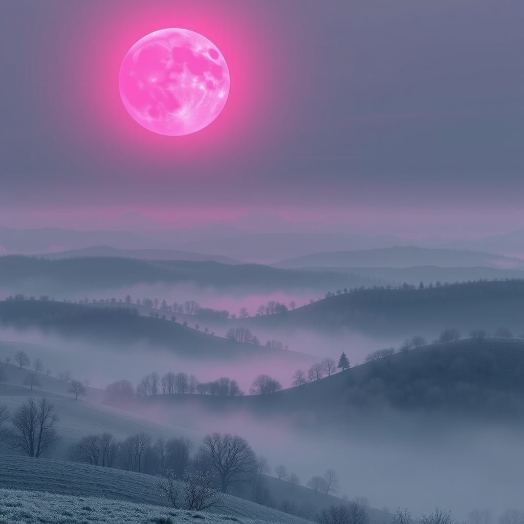 Dreamy Pink Full Moon Landscape under a Grey Skies
