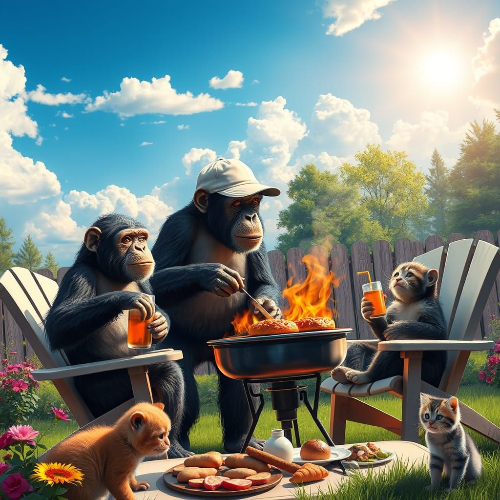 Chimpanzees Enjoy a Summer BBQ in Vibrant Hyperrealism