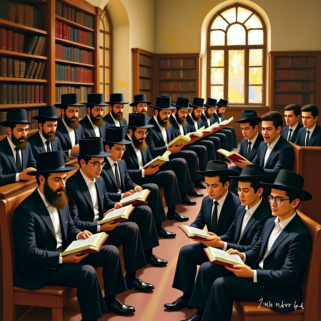 Vibrant Beit Midrash Scene with Studying Students