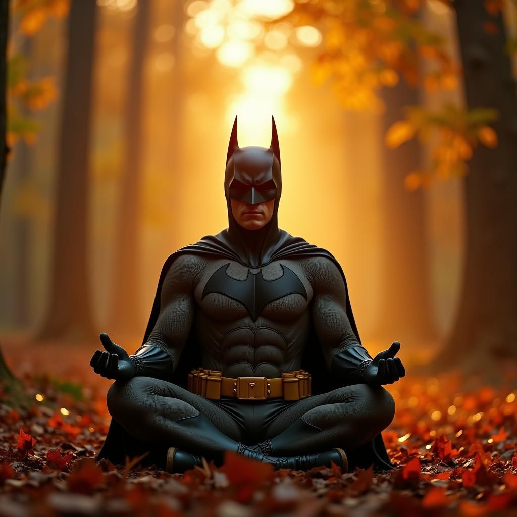 Batman Meditates in Autumn Forest: Cinematic Film Still