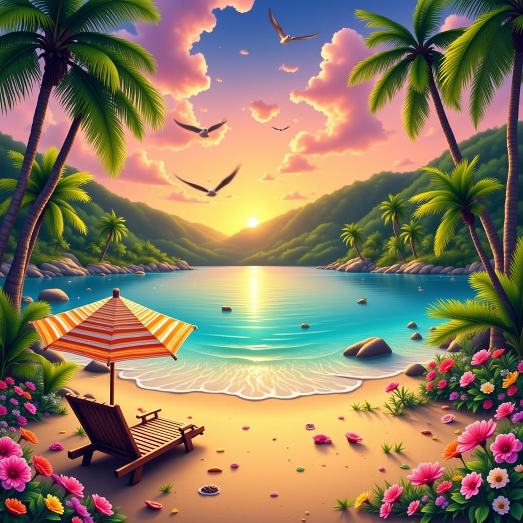 Tropical Sunset Paradise with Whimsical Touches