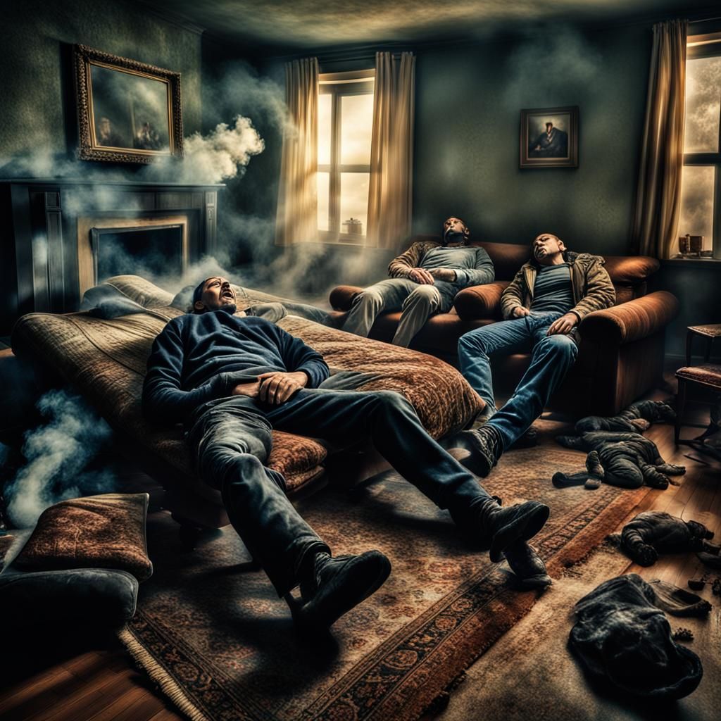 Burglary Scene: Men Sleeping in Smoky Room
