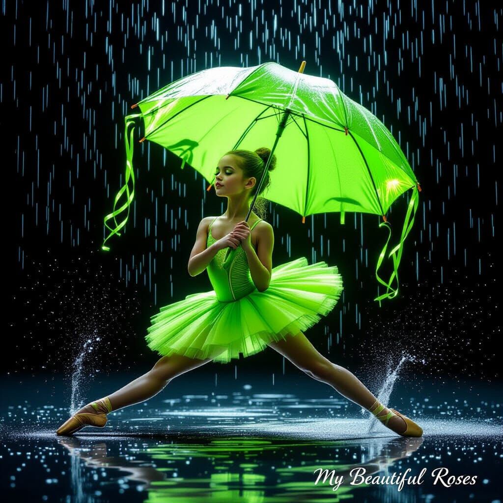 Ballerina in Green with Umbrella: Hyperrealistic Digital Art