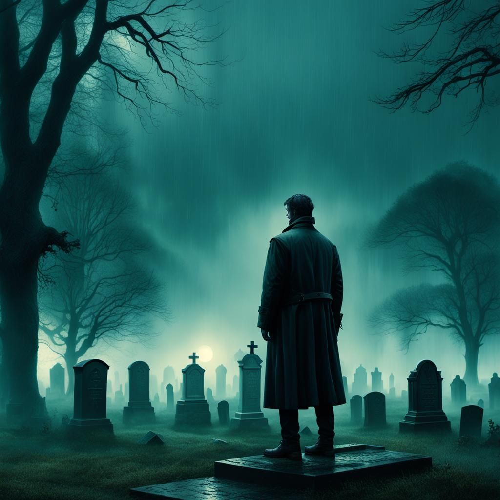 Ethereal Figure Amidst Cemetery Fog, Cinematic Horror