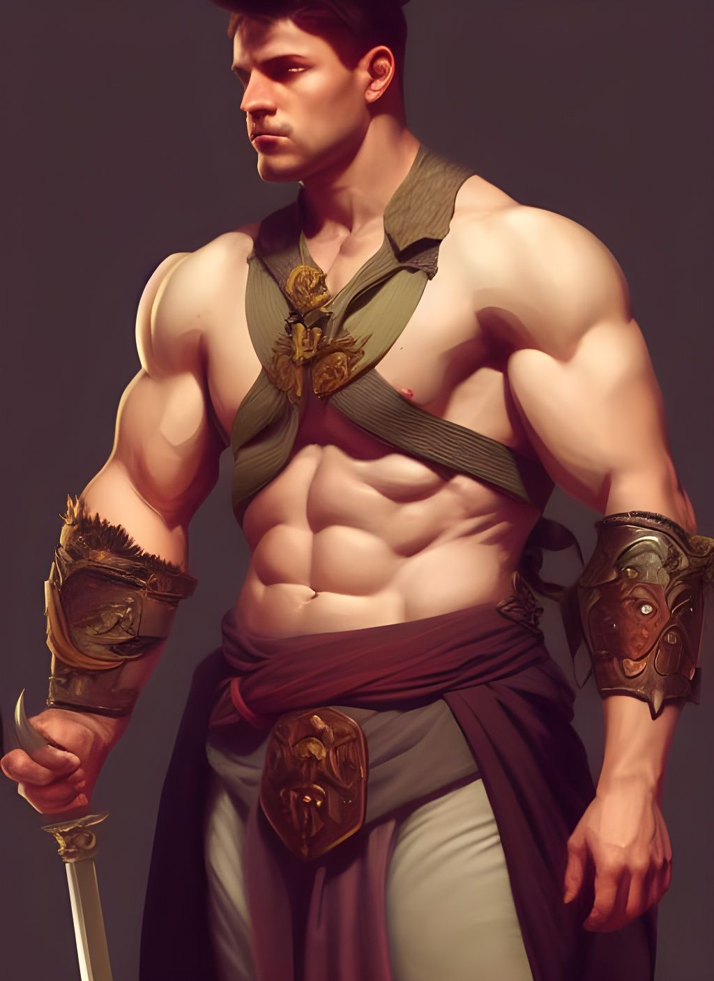 Muscular Warrior with Sword in Forest, Hyperdetailed Art