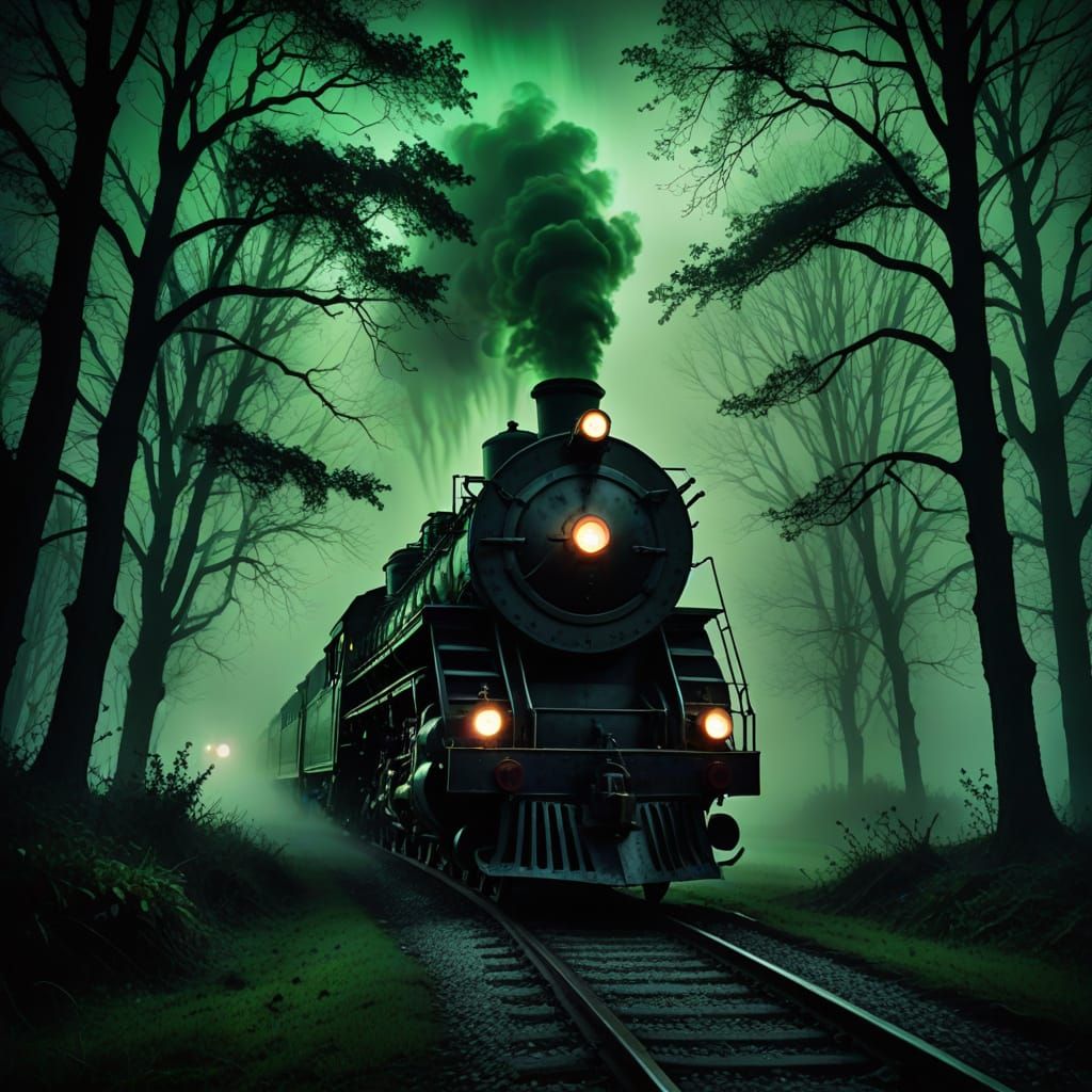 Ethereal Midnight Steam Locomotive in Surreal Horrorscape