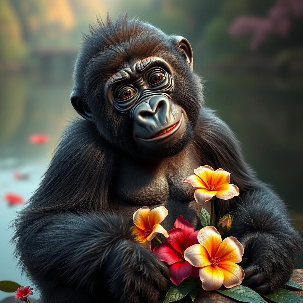 Playful Gorilla Portrait with Flowers in Ultra Photorealisti...