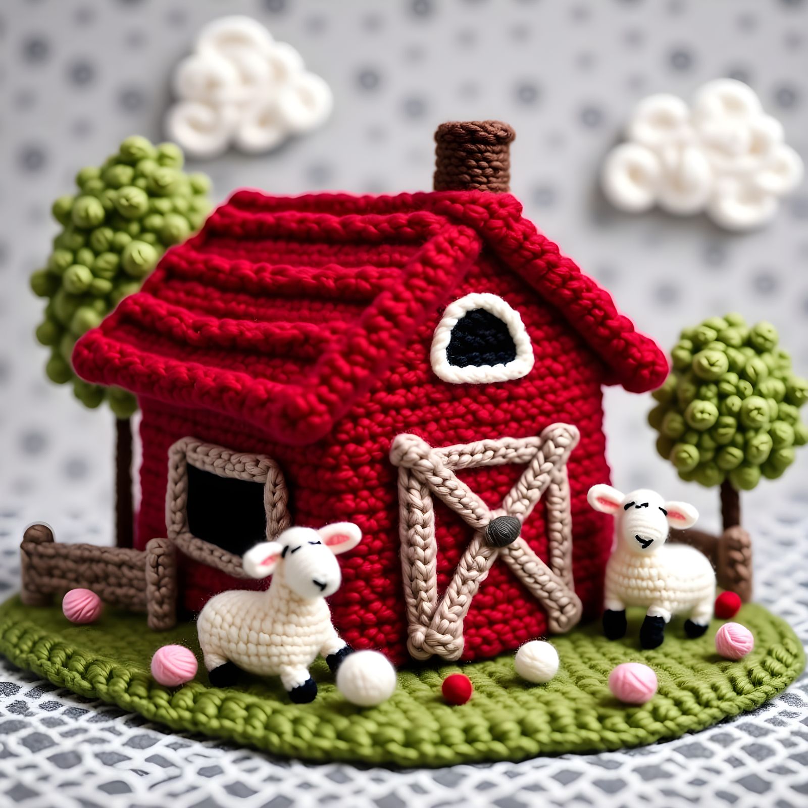 Red Barn with Sheep, Crochet and Yarn