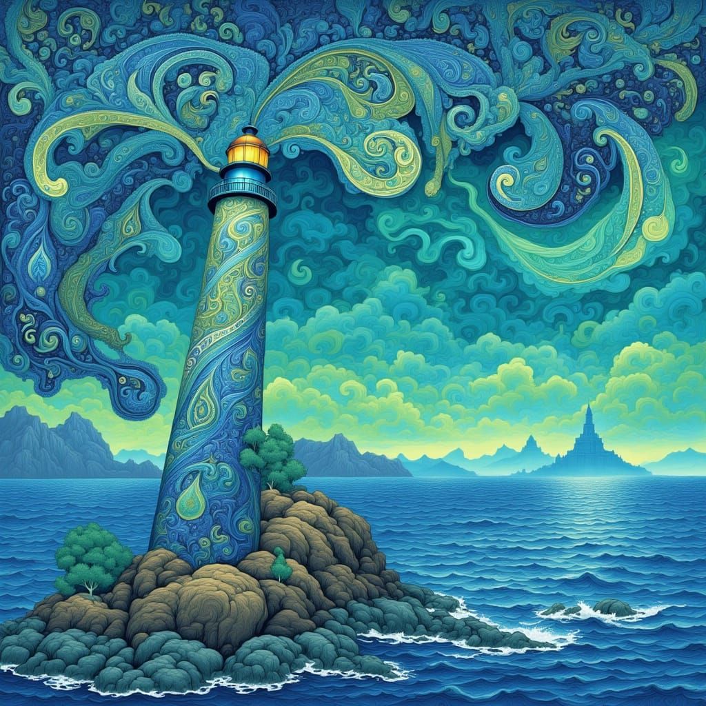 Paisley Lighthouse on Rocky Coastline in Art Nouveau Style
